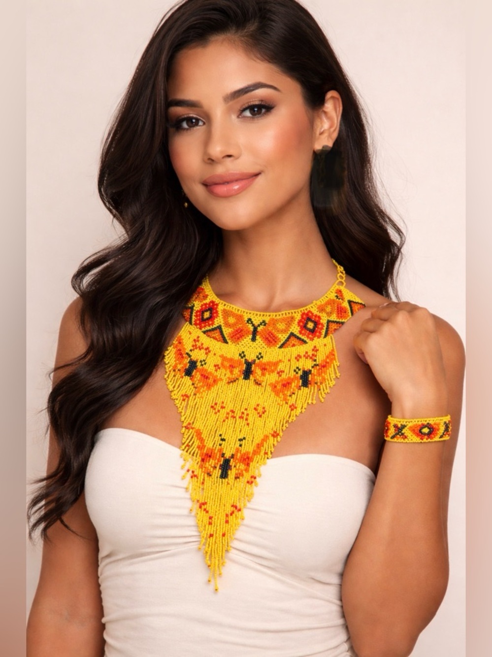 Handmade Yellow and Orange Beaded Necklace with Fringe Design